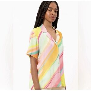 Frnch Top Womens Size Small Shelly Button Down Diagonal Rainbow Bright Pride NEW